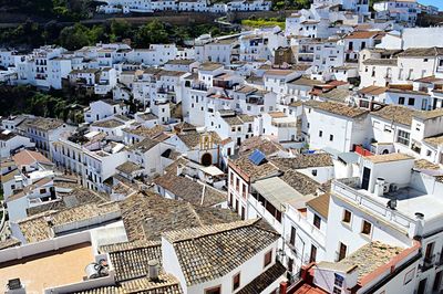 High angle view of buildings in town