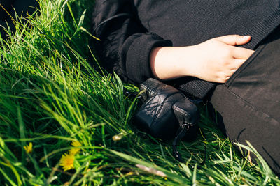 Midsection of person lying on grass