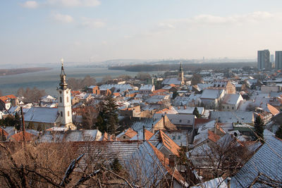 High angle view of townscape against sky