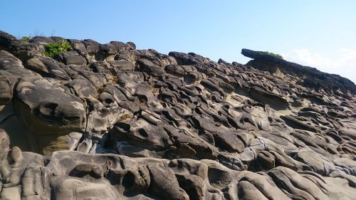 Low angle view of rock formation against clear sky