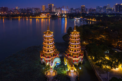 Illuminated buildings in city at night