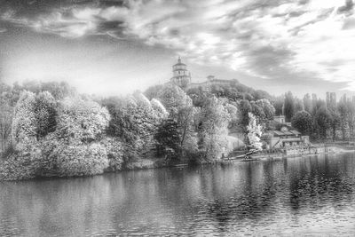 Scenic view of lake against cloudy sky