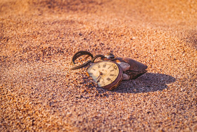 Still life - antique rotten pocket watch buried partial in the sand at the sunset