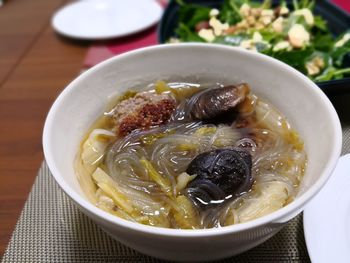 High angle view of soup in bowl on table