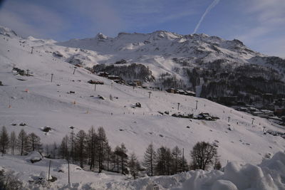 Scenic view of snow covered mountains against sky