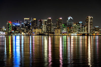 Reflection of cityscape on water at night