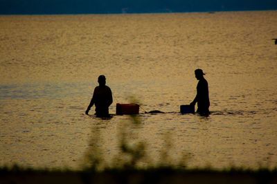 Men fishing in sea during sunset