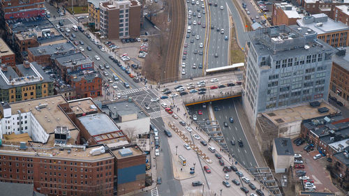 High angle view of buildings in city