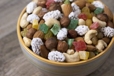 Close-up of candies in bowl on table