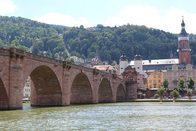 Bridge over river in city against sky