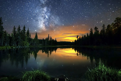 Scenic view of lake against sky at night