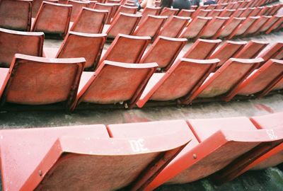 High angle view of chairs on roof