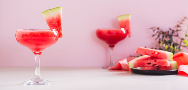 Refreshing watermelon cocktail with mint in glasses on the table web banner