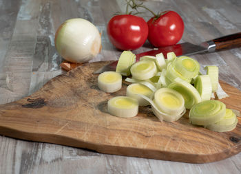 High angle view of fruits on cutting board