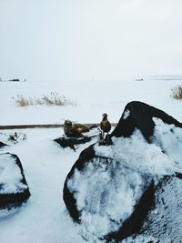 Scenic view of snow covered field against clear sky