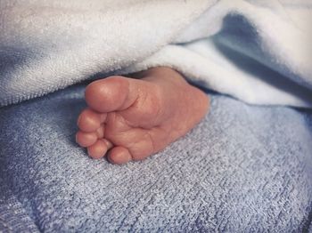 Close-up of baby hand on bed