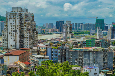 High angle view of buildings against sky