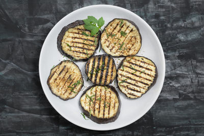 High angle view of food in plate on table