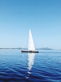 Sailboat sailing in sea against clear sky