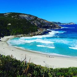 Scenic view of beach against clear blue sky