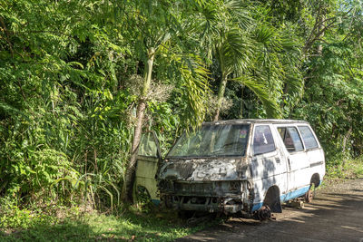 Old rusted wrecked car with no wheels abandoned on the street near jungle