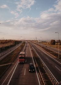 High angle view of highway in city against sky