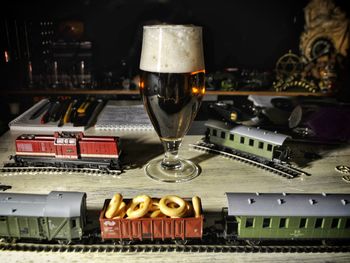 Close-up of beer glass on table