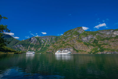 Scenic view of lake against blue sky