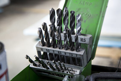 Close-up of drill bits in toolbox