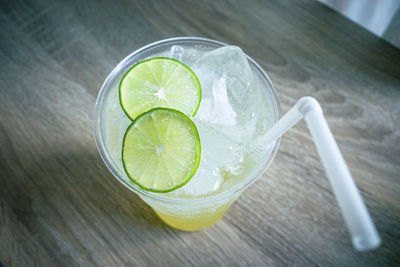 High angle view of drink on table
