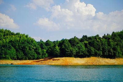 Scenic view of lake by trees against sky