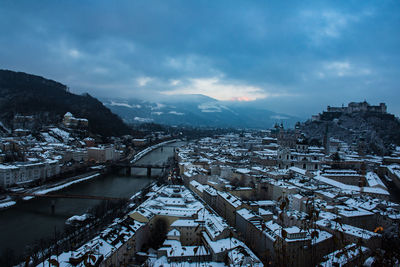 High angle view of snow covered buildings against sky