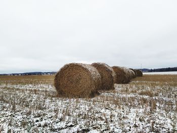 Hay bales on field against sky during winter