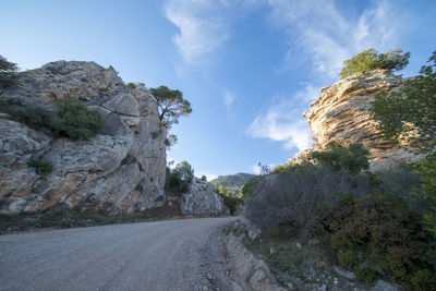 Rock formation amidst trees against sky