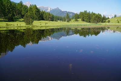 Scenic view of lake and trees against sky