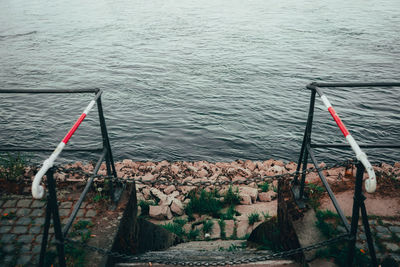 High angle view of wooden post in sea