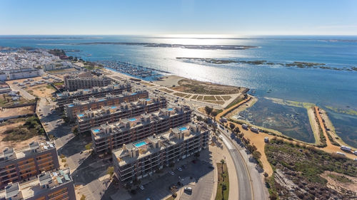 High angle view of city at seaside