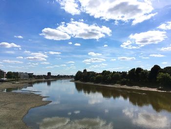 Scenic view of river against cloudy sky