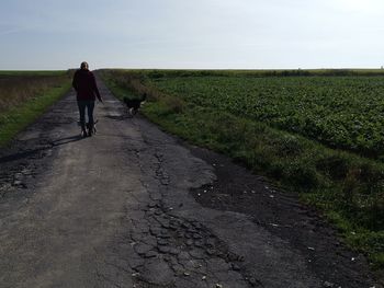 Rear view of man walking on road amidst field against sky