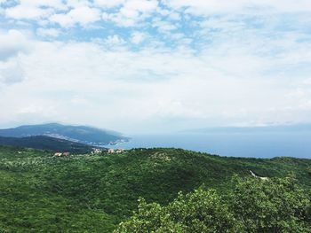 High angle view of green landscape against sky