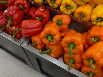 High angle view of bell peppers for sale in market