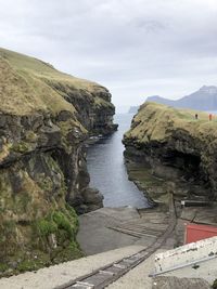 Rock formations by sea against sky