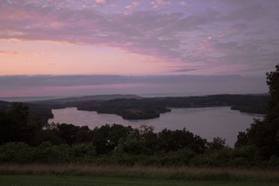 Scenic view of lake against sky at sunset