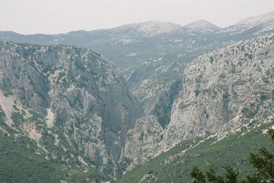 High angle view of valley and mountains against sky