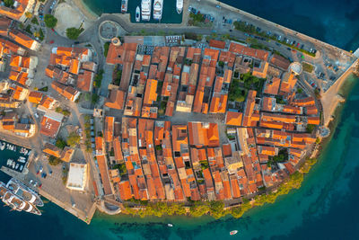 High angle view of illuminated city buildings