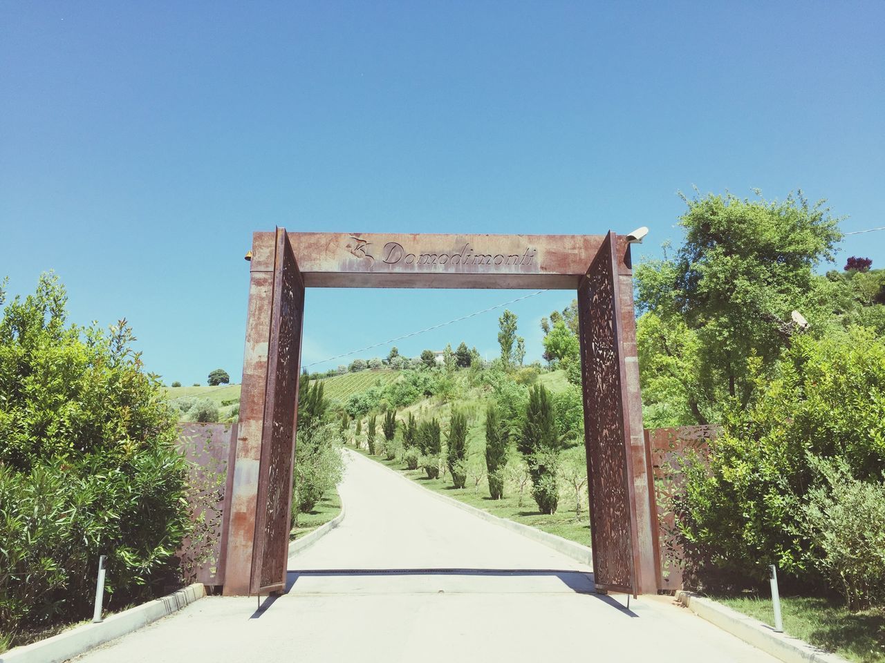 clear sky, the way forward, tree, built structure, blue, architecture, diminishing perspective, copy space, road, vanishing point, transportation, sunlight, building exterior, long, house, plant, day, empty, no people, outdoors