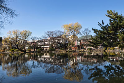 Scenic view of lake by trees against sky