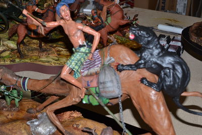 High angle view of people on table