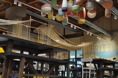 Low angle view of illuminated pendant lights in restaurant