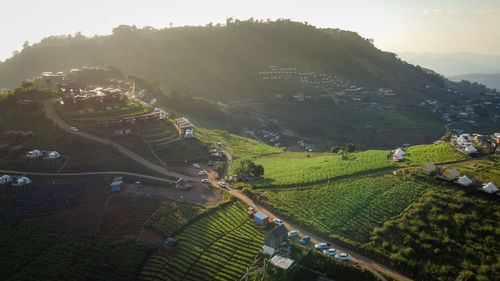 High angle view of agricultural field against sky